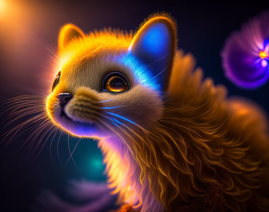 Luminous orange-furred kitty with glowing blue edges on dark background