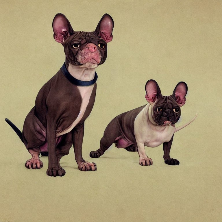 Exaggerated human-like eyes on two French Bulldogs against beige background