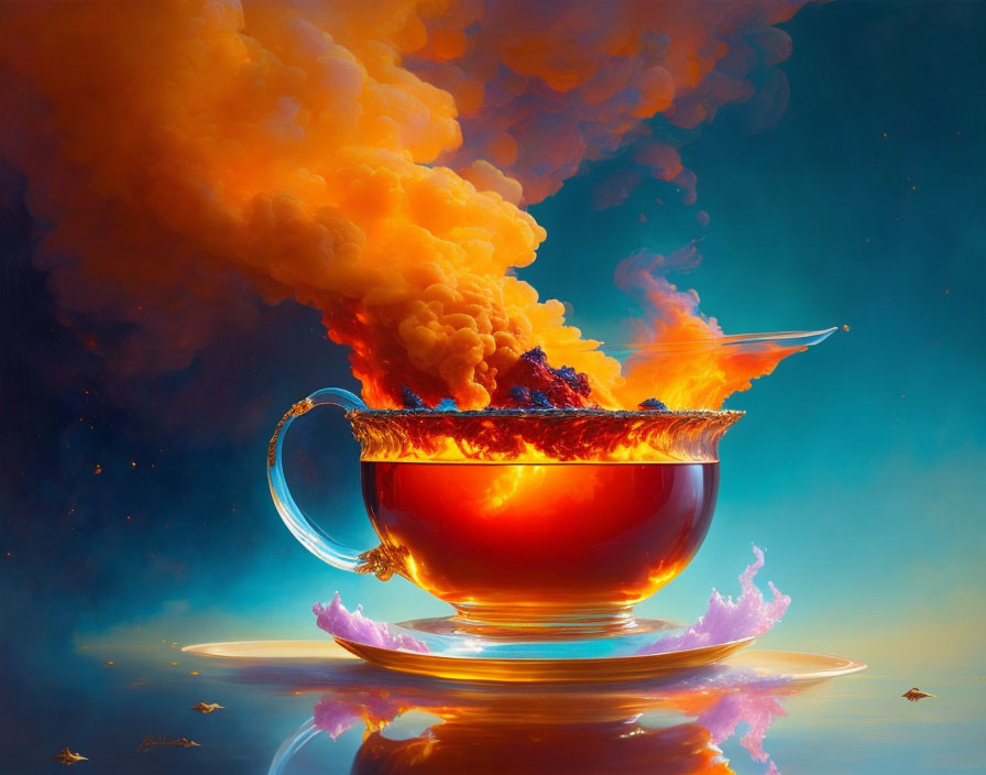 Transparent tea cup with fiery explosion clouds on blue background