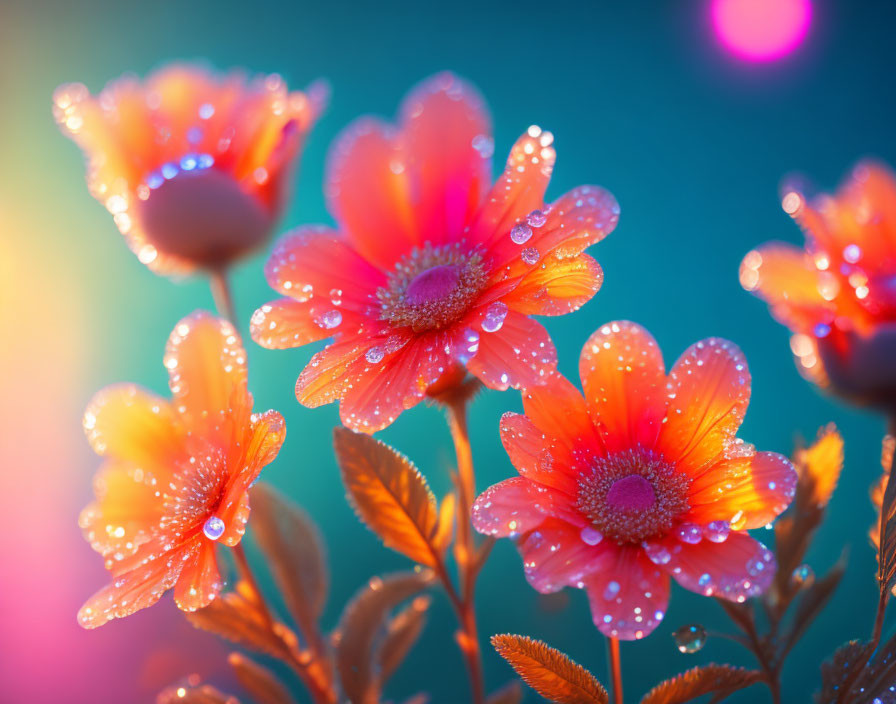 Bright Orange Flowers with Dewdrops on Blue and Pink Bokeh