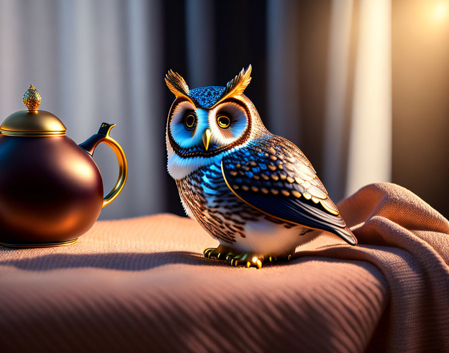 Stylized digital illustration of owl on cloth with teapot
