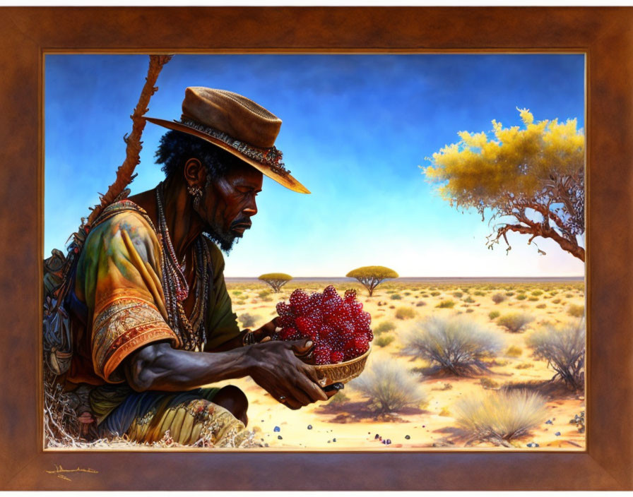 Man with Hat Holding Bowl of Berries in Desert Landscape