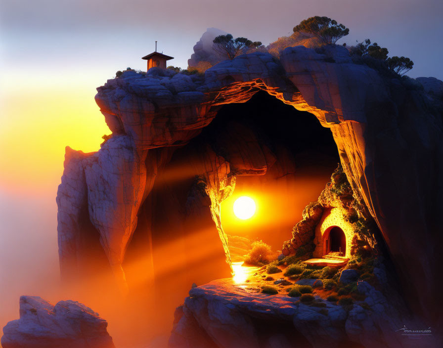 Traditional pagoda on rocky cliff with sunset arch and small lit dwelling