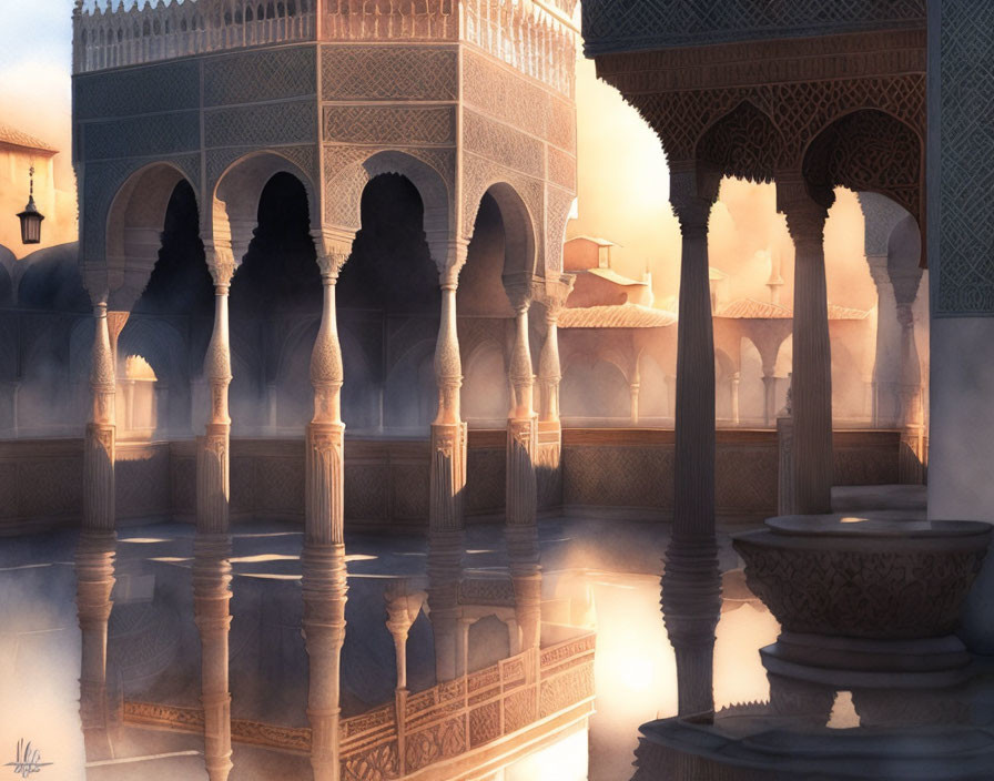 Tranquil courtyard with Moorish arches, pillars, reflective pool, and serene dawn light