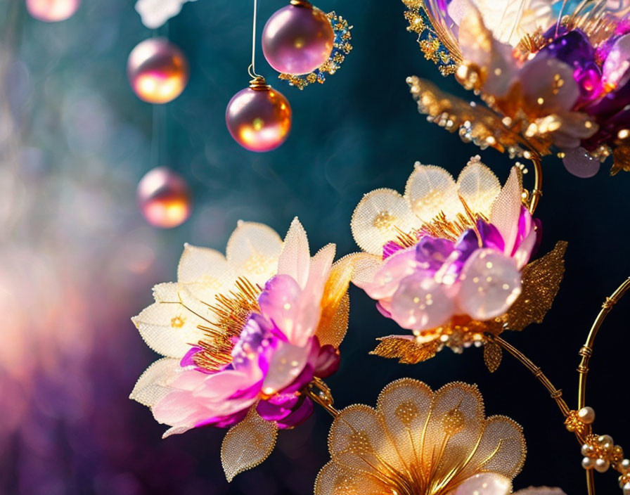 Purple Petal Flowers with Golden Accents and Hanging Baubles in Dreamy Bokeh Ambiance