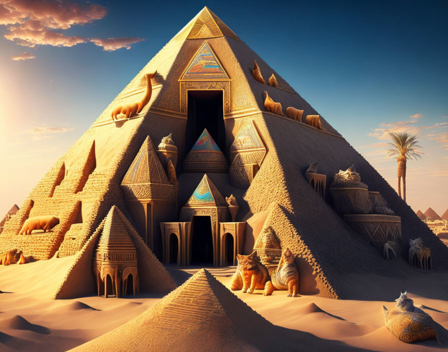 Fantastical digital artwork: Egyptian pyramids, gods, animals in desert landscape