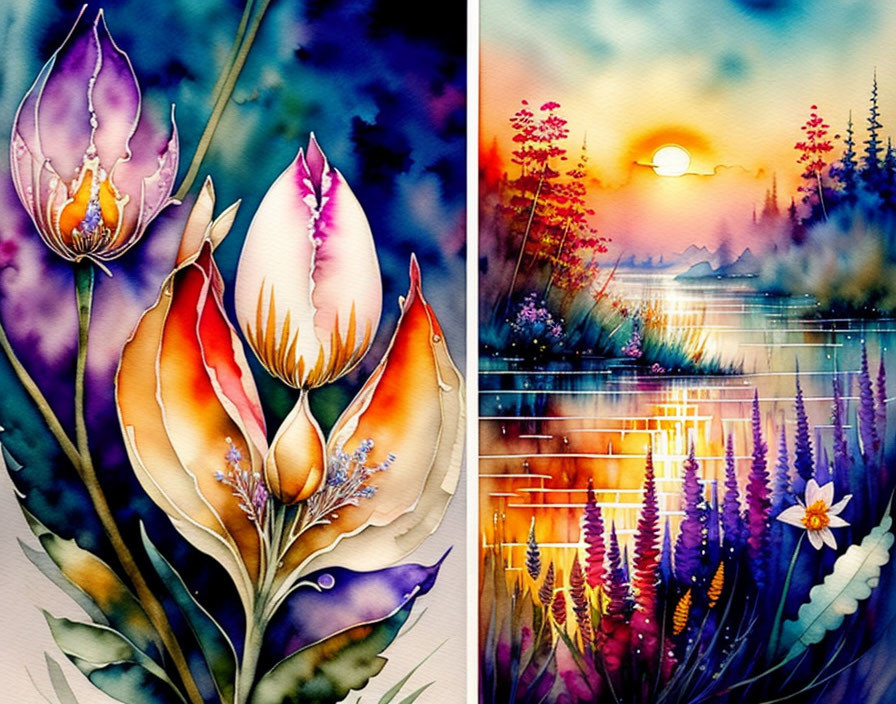 Watercolor paintings of stylized flowers and serene sunset over a lake