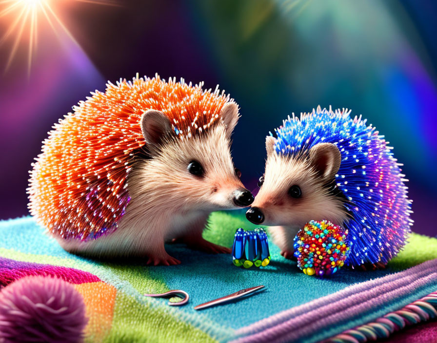 Colorful hedgehogs with sewing pin spines on vibrant textile background