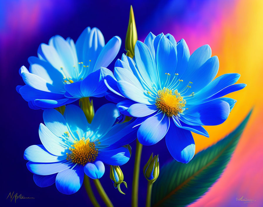 Colorful Blue and Yellow Flowers on Vibrant Background
