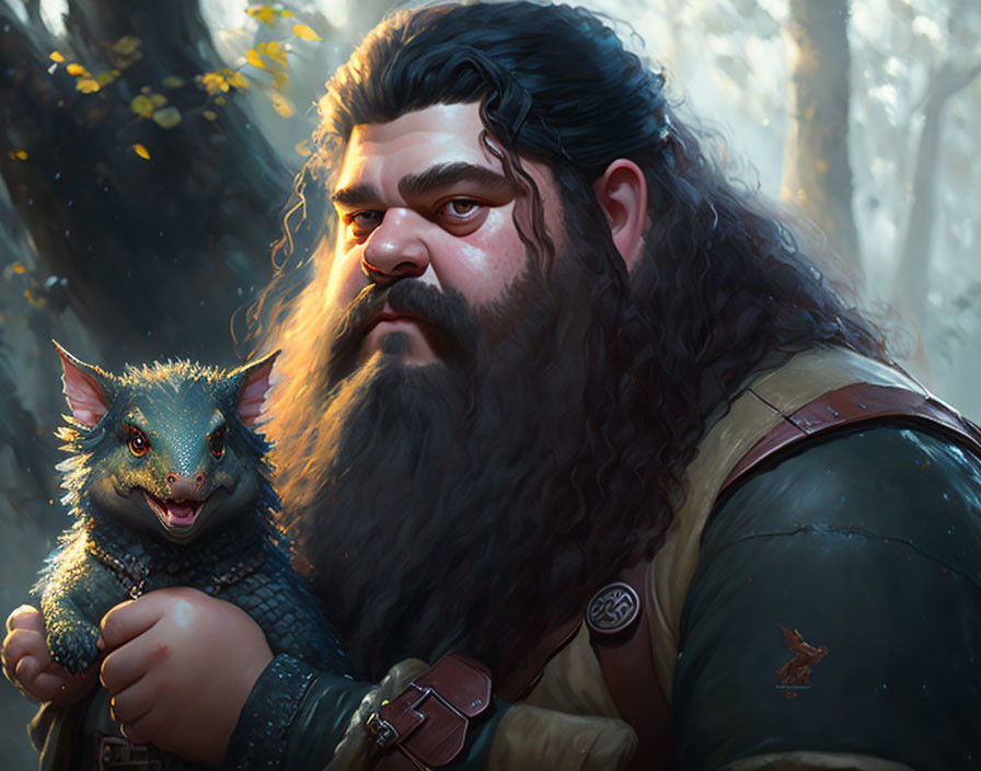 Bearded man holding small dragon in forest setting