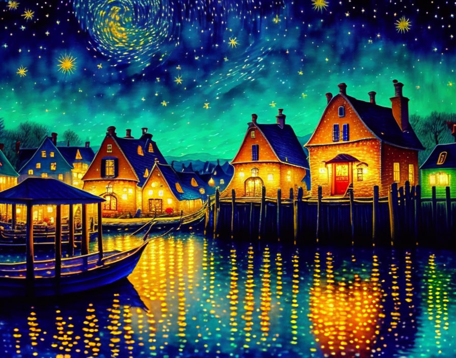 Vibrant night scene of quaint village by water with starry skies