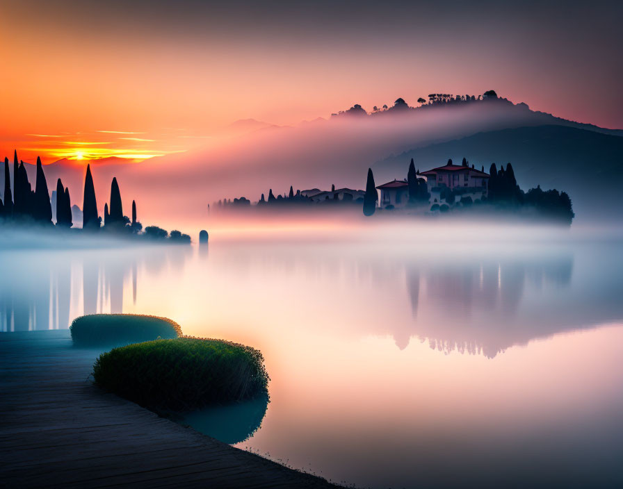 Tranquil sunrise landscape: misty lake, tree silhouettes, rolling hills