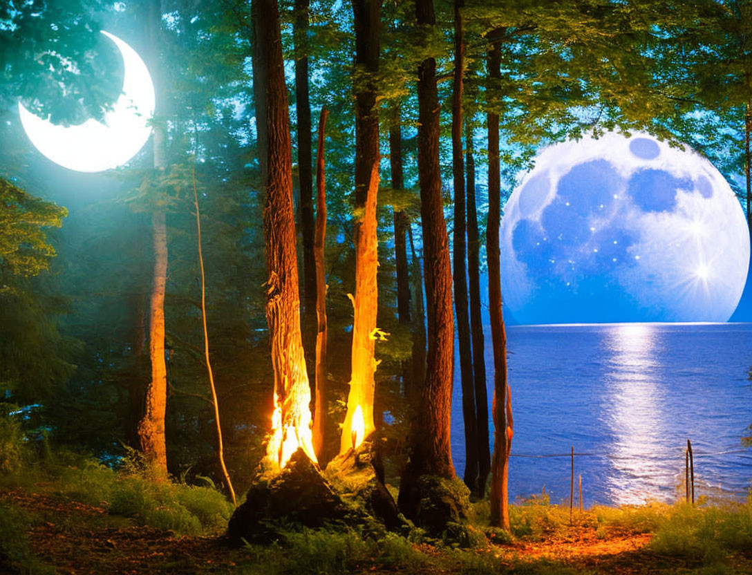 Composite Image: Campfire, Forest Lake, Oversized Moon, Star-lit Sky