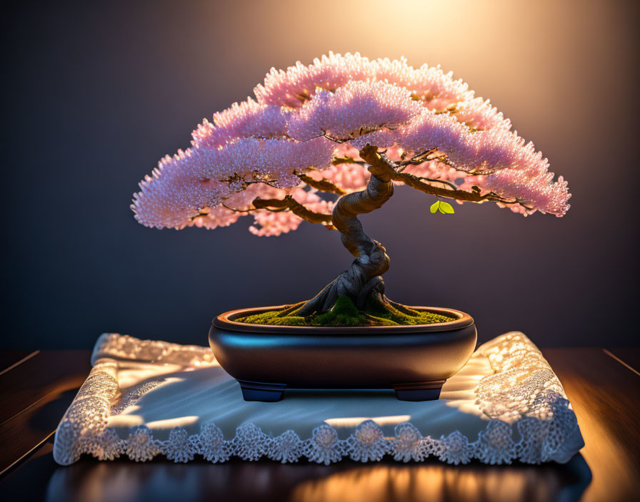 Pink Blossom Bonsai Tree in Illuminated Setting