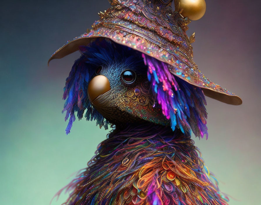 Colorful Creature with Iridescent Feathers and Wizard Hat