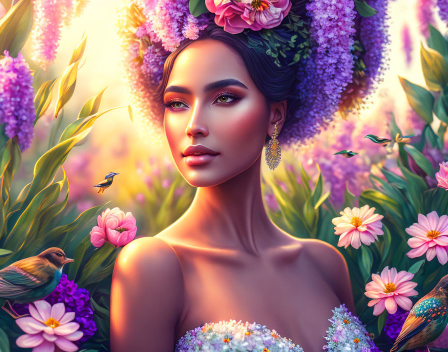Digital artwork: Woman with floral adornments and birds in lilac blooms