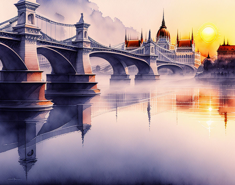 Scenic sunset watercolor painting with bridge and classical architecture reflected.