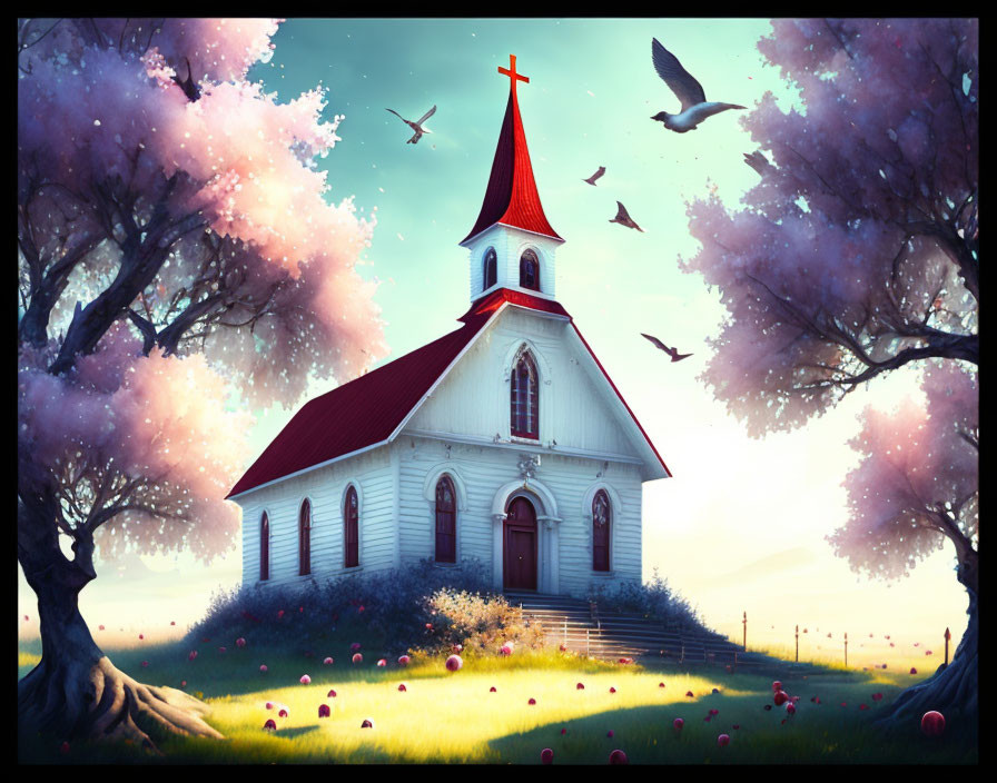 White Church with Red Roof Surrounded by Pink Trees and Birds