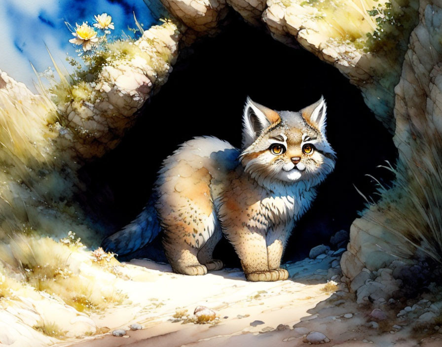 Illustrated cat with expressive eyes at cave entrance in rocky terrain.