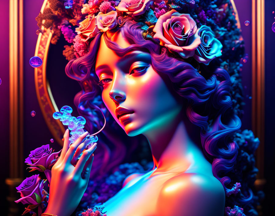 Colorful digital artwork: Woman with floral headdress and glowing butterfly