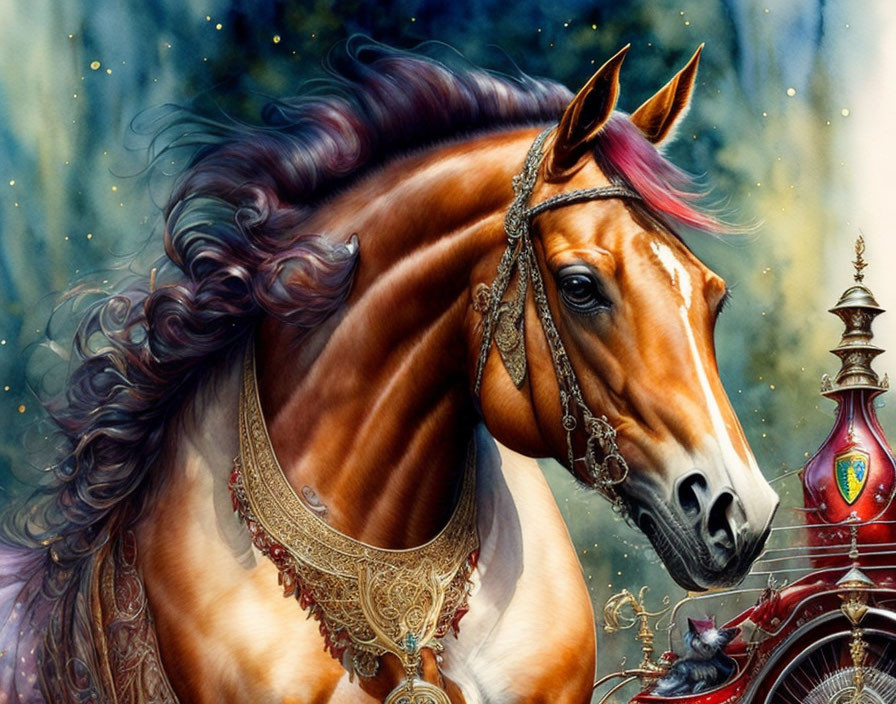Majestic horse with flowing mane and ornate bridle in starry backdrop.
