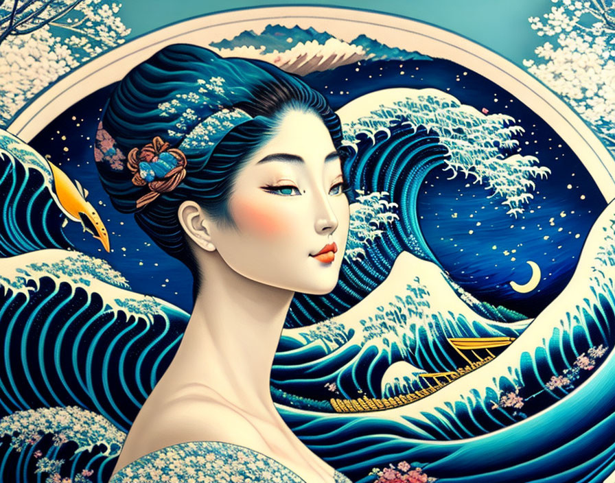 Illustrated portrait of a woman with ocean waves and crescent moon in a blend of traditional and modern