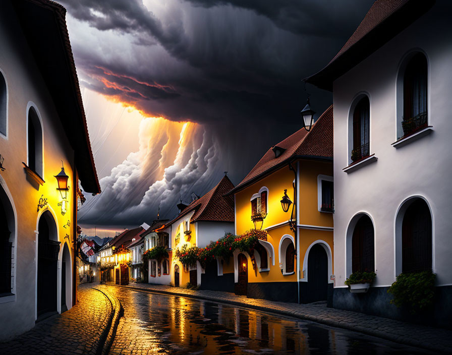 European village cobblestone street with traditional houses and stormy sky.