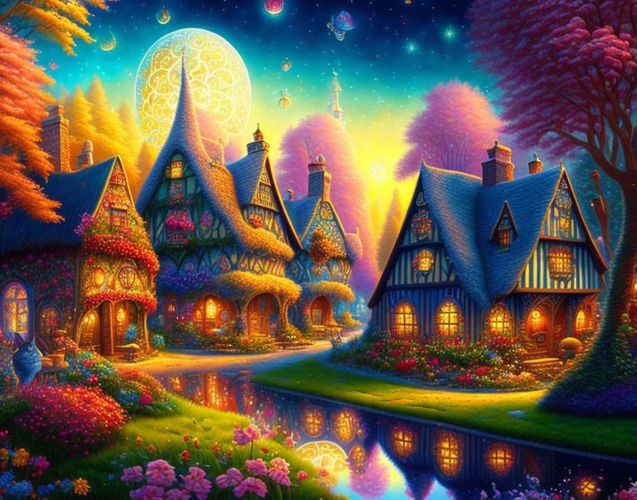 Colorful Flora-Covered Cottages in Enchanted Village at Moonlit River