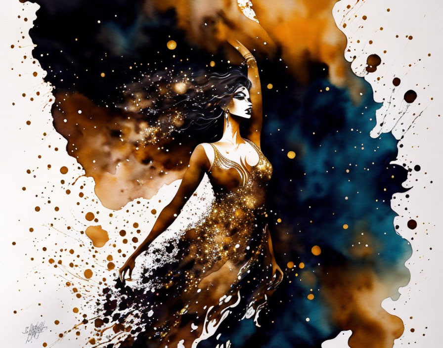 Abstract artwork of woman in white dress blending with cosmic splashes