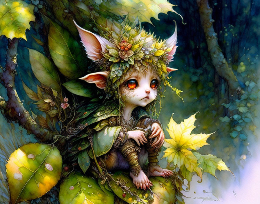 Whimsical creature with elfin features in leafy attire among green foliage