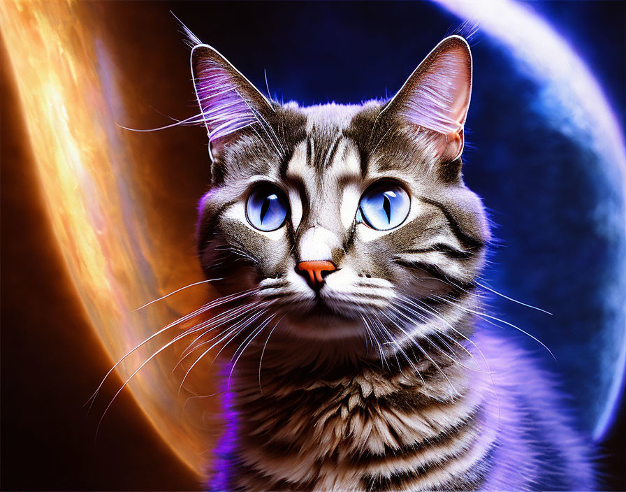 Tabby cat with blue eyes on cosmic background with blue planet and orange flames