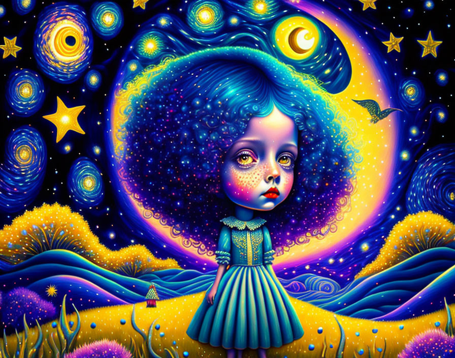 Colorful illustration: Girl with large eyes in fantastical starry landscape