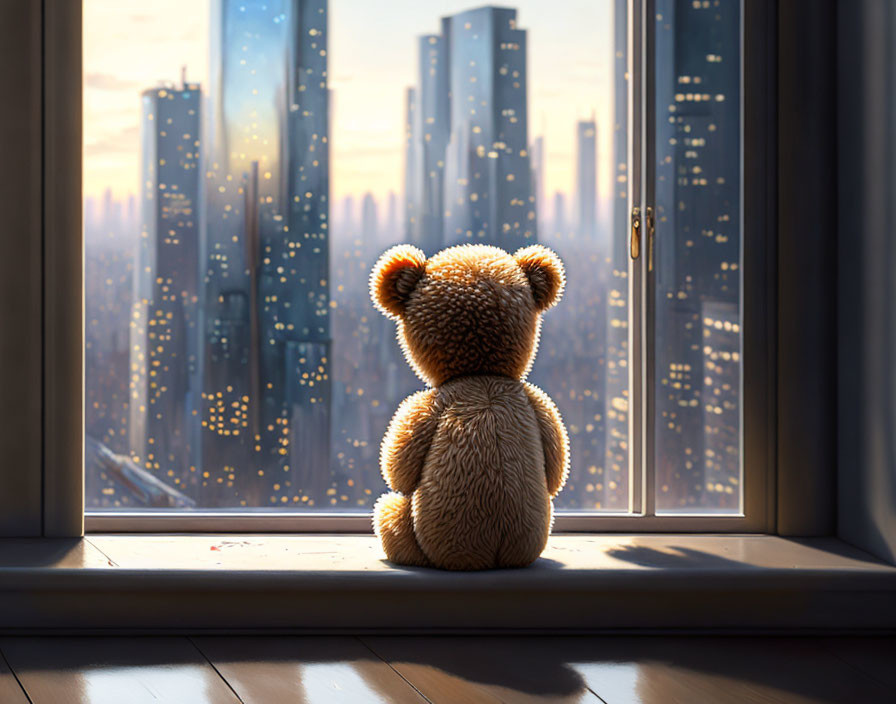 Teddy bear on windowsill with cityscape view at sunset