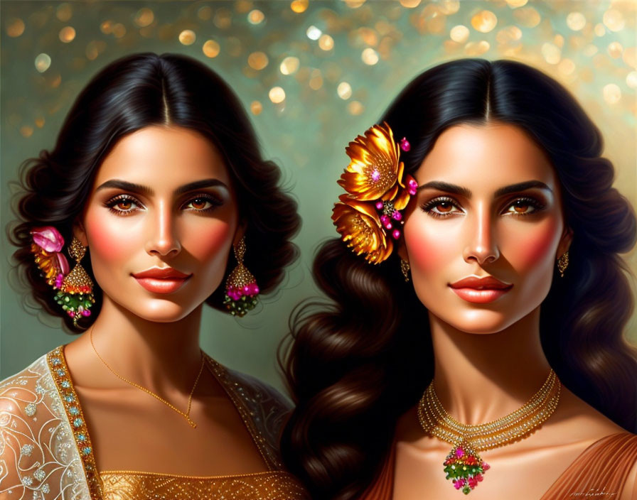 Illustrated women in ornate jewelry and floral hair accessories with luminous skin and traditional attire.