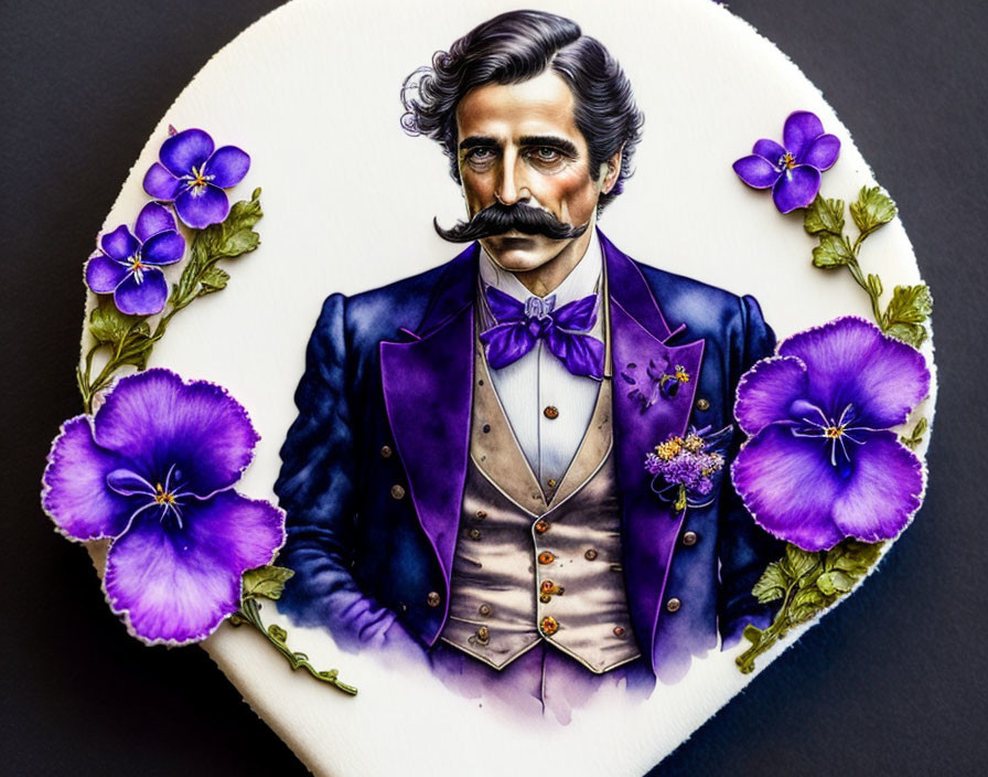 Illustrated portrait of a man with mustache in purple attire on white background