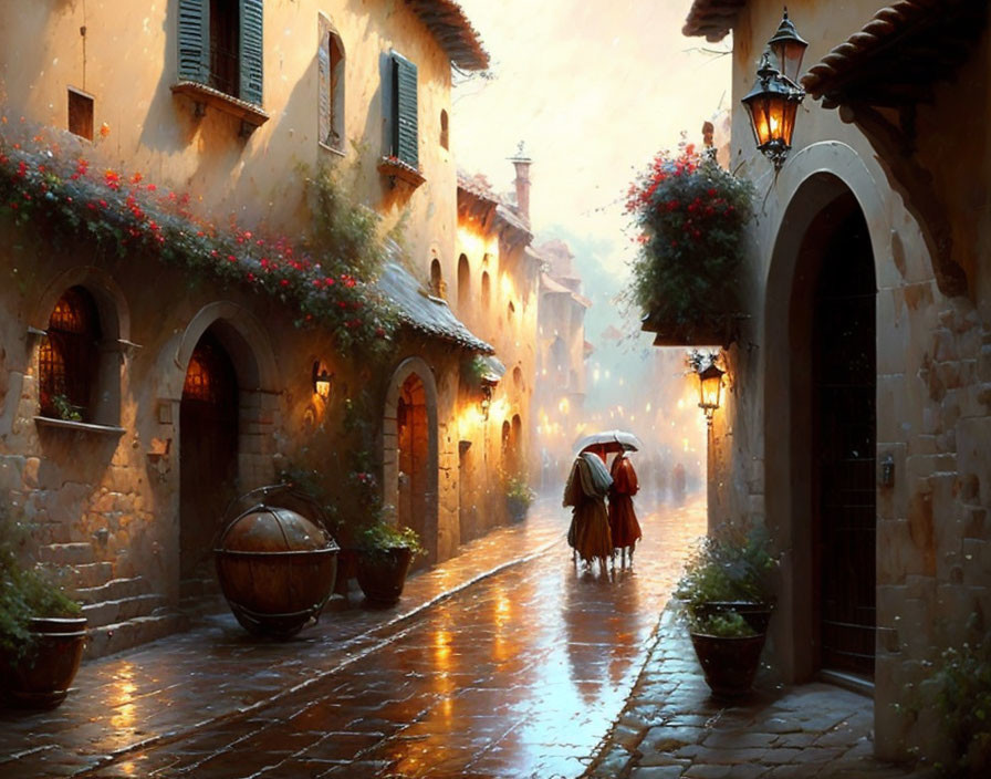 Elderly couple strolling through charming European alleyway on a rainy day