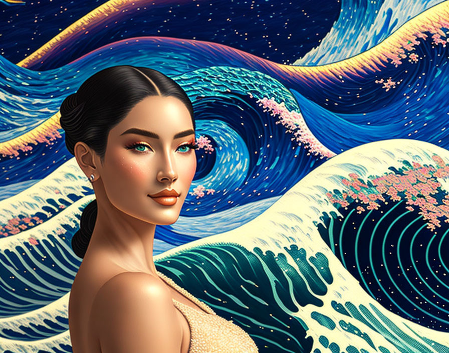 Digital artwork: Woman's portrait merges with ocean wave pattern in vibrant blues and florals.