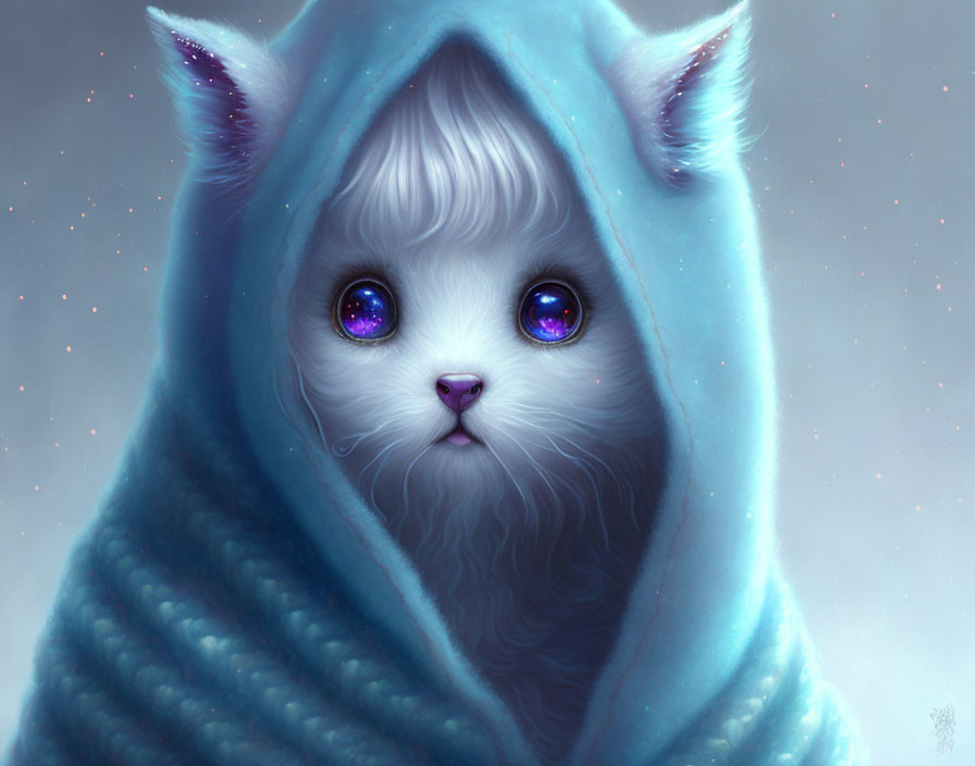 Fantastical creature with kitten face in blue cloak on starry background