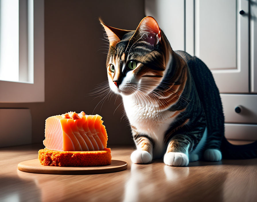 Curious cat staring at cheese on wooden cutting board