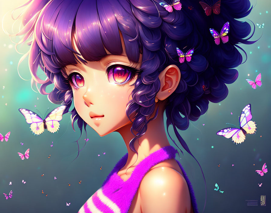 Illustration of girl with expressive eyes, curly purple hair, and butterfly hair accessories.