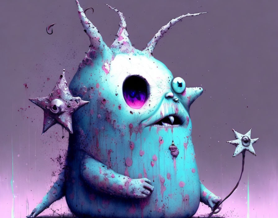 Blue one-eyed creature with horns and stars in surreal purple setting