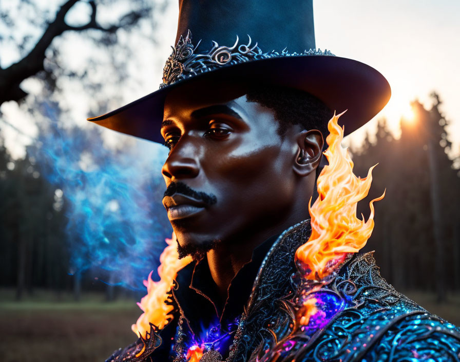 Man in top hat emits blue smoke and orange flames in forest at twilight