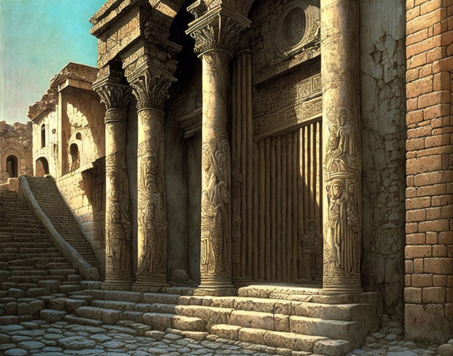 Ancient temple entrance with carved columns in sunlit stone cityscape