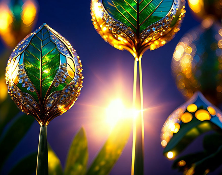Jewel-adorned artificial leaves with lights in warm sunset