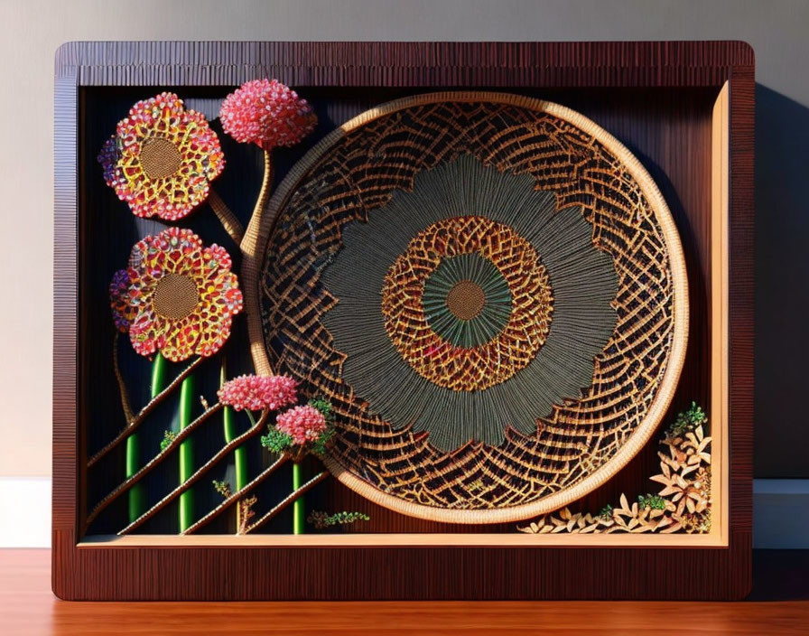 Circular Frame 3D Wall Art with String Art Patterns and Colorful Flowers