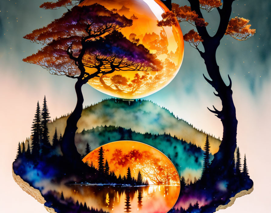 Dual-level landscape silhouettes against cosmic backdrops with trees, lake, and celestial elements.