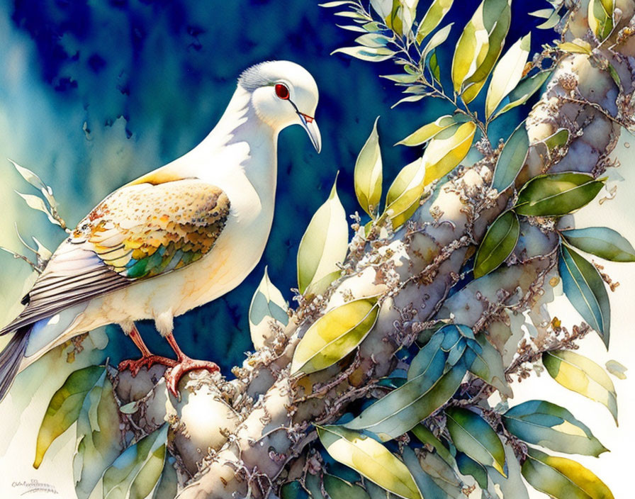 Colorful pigeon on branch with green leaves and flowers against blue background