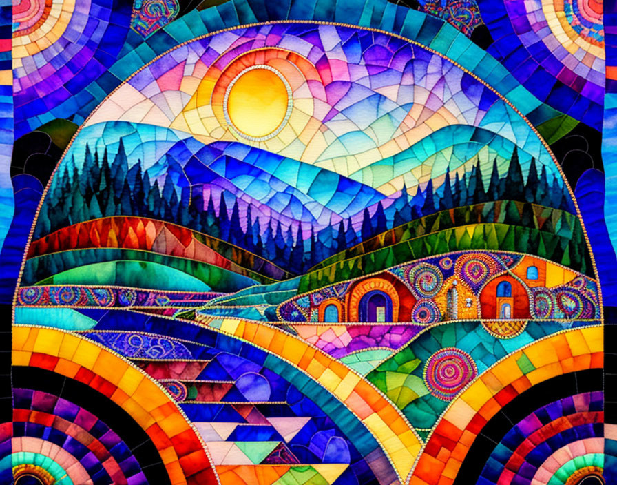 Vibrant landscape quilted tapestry with sun, mountains, trees, and stained glass patterns