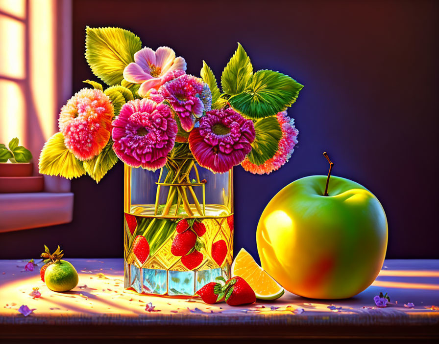 Vibrant still-life illustration with vase, fruits, and flowers
