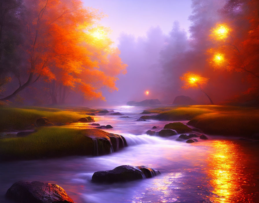 Tranquil river in mystical fog with autumn trees